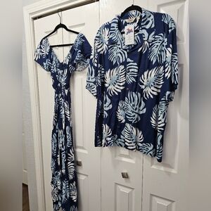Hawaii Hangover Blue Leaf Print Dress and Shirt Set